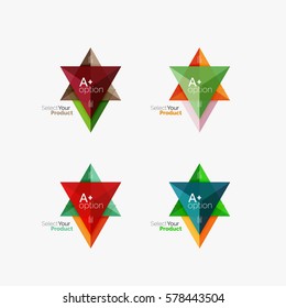 Set of triangle layouts with text and options. Elements of business brochure, infographic presentation background and web design navigation template. Select your product concept, make a choice idea