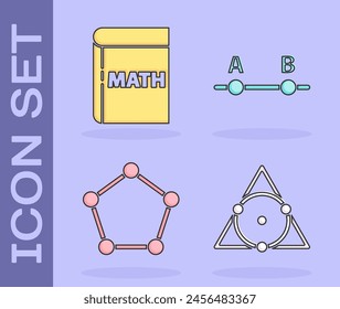 Set Triangle math, Book with word mathematics, Geometric figure Pentagonal prism and Graph, schedule, chart, diagram icon. Vector