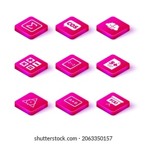 Establece la matemática del triángulo, el tablero de taladro, la calculadora, la tableta con calculadora, la hoja de examen de prueba, el cerebro humano y el icono cosine de la función matemática. Vector