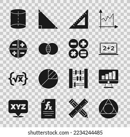 Set Triangle math, Computer monitor with graph chart, Chalkboard, Triangular ruler, Mathematics sets A and B, XYZ Coordinate system, Geometric figure and Calculator icon. Vector