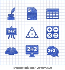 Set Triangle math, Equation solution, Calculator, Human brain, Chalkboard,  and Feather and inkwell icon. Vector