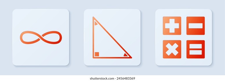 Set Triangle math, Infinity and Calculator. White square button. Vector