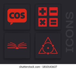 Set Triangle math, Mathematics function cosine, Calculator and Open book icon. Vector