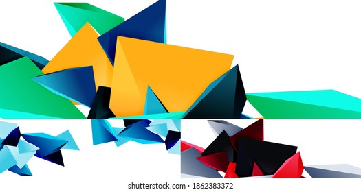 Set of triangle mosaic abstract backgrounds, 3d triangular low poly shapes. Geometric vector illustrations for covers, banners, flyers and posters and other