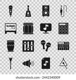 Set Triangle, Music synthesizer, Drum machine, Stereo speaker, Guitar amplifier, Microphone and Musical note icon. Vector