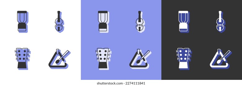 Set Triangle musical instrument, African djembe drum, Guitar neck and Violin icon. Vector