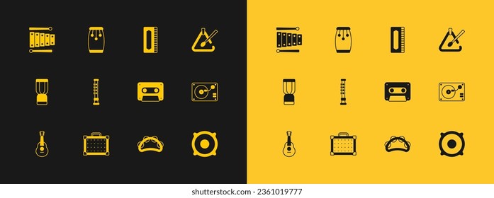 Set Triangle musical instrument, Guitar amplifier, Retro audio cassette tape, Tambourine, Flute, Harmonica, Xylophone and Conga drums icon. Vector