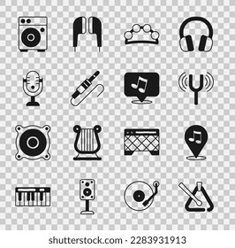 Set Triangle musical instrument, Location note, Musical tuning fork, Tambourine, Audio jack, Microphone, Guitar amplifier and tone icon. Vector