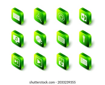 Set Triangle musical instrument, Power button, Vinyl player with vinyl disk, Microphone, Music synthesizer, Sound mixer controller,  and Play square icon. Vector