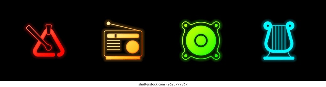 Set Triangle musical instrument, Radio, Stereo speaker and Ancient Greek lyre icon. Vector