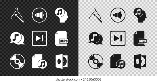 Set Triangle musical instrument, Speaker volume, Musical note human head, CD or DVD disk, book with, Vinyl player vinyl, speech bubble and Fast forward icon. Vector