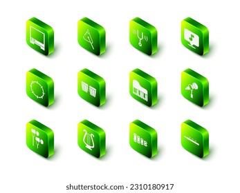 Set Triangle, Musical tuning fork, note, tone, Microphone, Drum and drum sticks, Grand piano, Xylophone and Ancient lyre icon. Vector