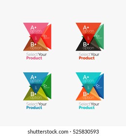 Set of triangle option infographic layouts. Select your product concept, make a choice idea