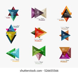 Set of triangle option infographic layouts. Select your product concept, make a choice idea