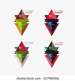 Set of triangle option infographic layouts. Select your product concept, make a choice idea