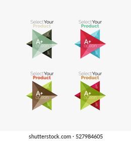 Set of triangle option infographic layouts. Select your product concept, make a choice idea
