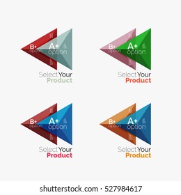 Set of triangle option infographic layouts. Select your product concept, make a choice idea