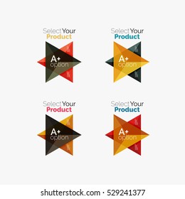 Set of triangle option infographic layouts. Select your product concept, make a choice idea