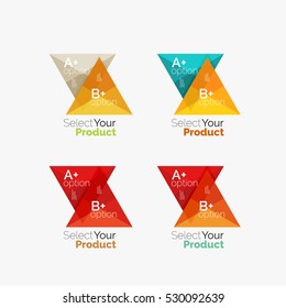 Set of triangle option infographic layouts. Select your product concept, make a choice idea