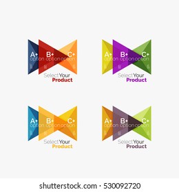 Set of triangle option infographic layouts. Select your product concept, make a choice idea