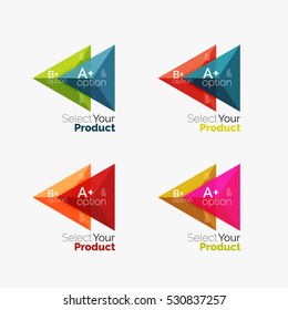 Set of triangle option infographic layouts. Select your product concept, make a choice idea