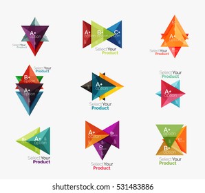 Set of triangle option infographic layouts. Select your product concept, make a choice idea