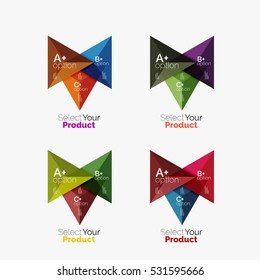 Set of triangle option infographic layouts. Select your product concept, make a choice idea