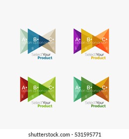 Set of triangle option infographic layouts. Select your product concept, make a choice idea