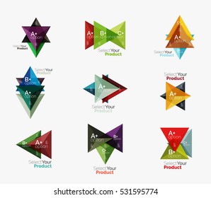 Set of triangle option infographic layouts. Select your product concept, make a choice idea
