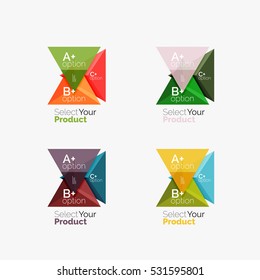 Set of triangle option infographic layouts. Select your product concept, make a choice idea