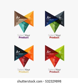 Set of triangle option infographic layouts. Select your product concept, make a choice idea