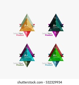 Set of triangle option infographic layouts. Select your product concept, make a choice idea