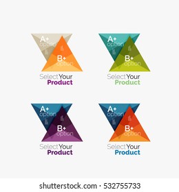 Set of triangle option infographic layouts. Select your product concept, make a choice idea