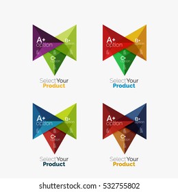 Set of triangle option infographic layouts. Select your product concept, make a choice idea