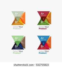 Set of triangle option infographic layouts. Select your product concept, make a choice idea