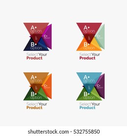 Set of triangle option infographic layouts. Select your product concept, make a choice idea