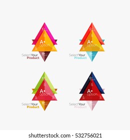 Set of triangle option infographic layouts. Select your product concept, make a choice idea