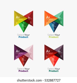 Set of triangle option infographic layouts. Select your product concept, make a choice idea
