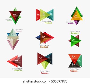 Set of triangle option infographic layouts. Select your product concept, make a choice idea