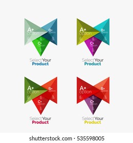 Set of triangle option infographic layouts. Select your product concept, make a choice idea