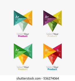 Set of triangle option infographic layouts. Select your product concept, make a choice idea