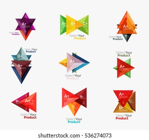Set of triangle option infographic layouts. Select your product concept, make a choice idea