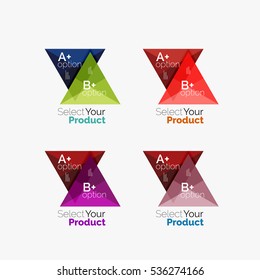 Set of triangle option infographic layouts. Select your product concept, make a choice idea