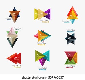 Set of triangle option infographic layouts. Select your product concept, make a choice idea