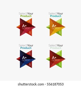 Set of triangle option infographic layouts. Select your product concept, make a choice idea