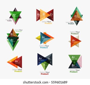 Set of triangle option infographic layouts. Select your product concept, make a choice idea