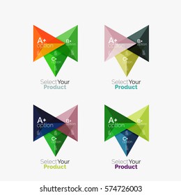Set of triangle option infographic layouts. Select your product concept, make a choice idea