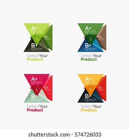 Set of triangle option infographic layouts. Select your product concept, make a choice idea