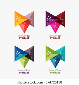 Set of triangle option infographic layouts. Select your product concept, make a choice idea
