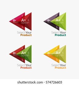 Set of triangle option infographic layouts. Select your product concept, make a choice idea